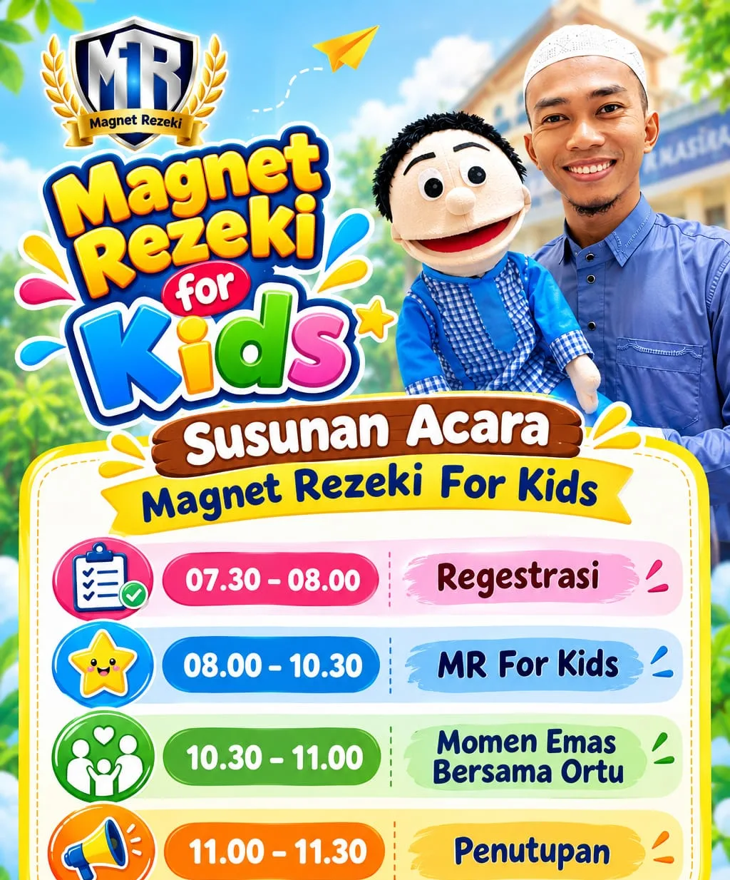 Susunan Acara Magnet Rezeki For Kids: 07.30–08.00 Registrasi, 08.00–10.30 MR For Kids, 10.30–11.00 Momen Emas Bersama Ortu, 11.00–11.30 Penutupan